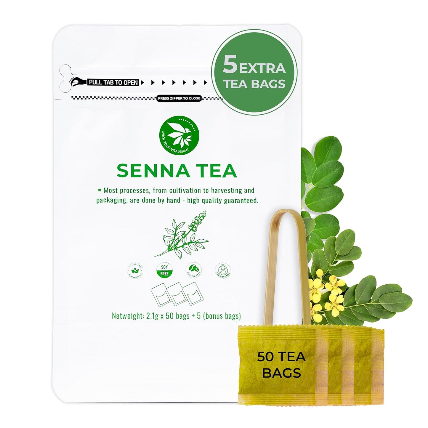 Senna Tea Bags - 55 Count (+5 Tea Bags), 5.29 oz, Bamboo Tong Included, Natural Senna Leaves, Supports Digestive Comfort & Gentle Cleanse, Slightly Bitter Herbal Tea for Daily Wellness