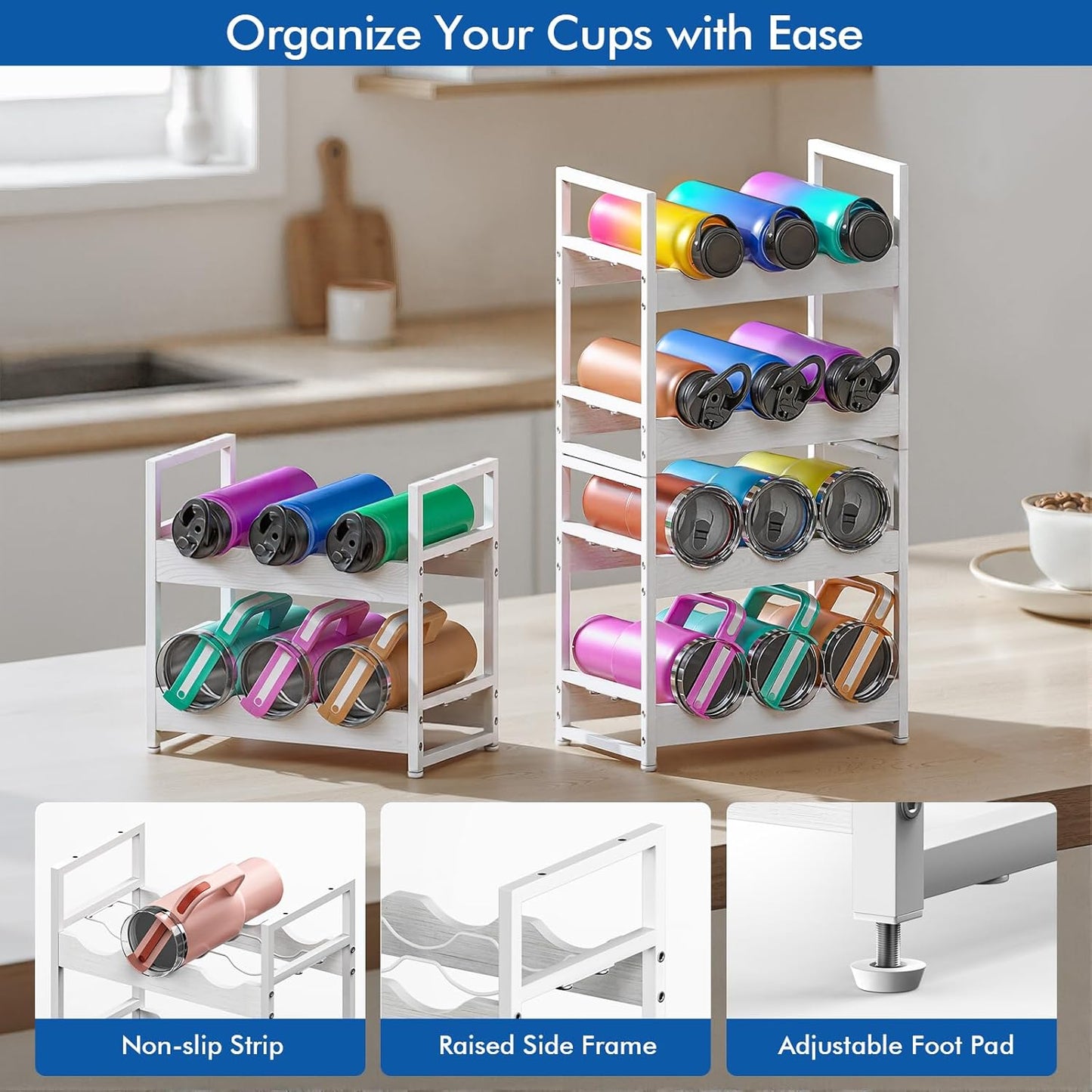 Wooden Water Bottle Organizer, 20/30/40oz Tumbler Organizer, Bottle Holder for Owala/Yeti/Stanley, Kitchen Pantry Water Bottle Storage Rack for Cabinets, Wood Wine Rack, 2 Tier Hold 6