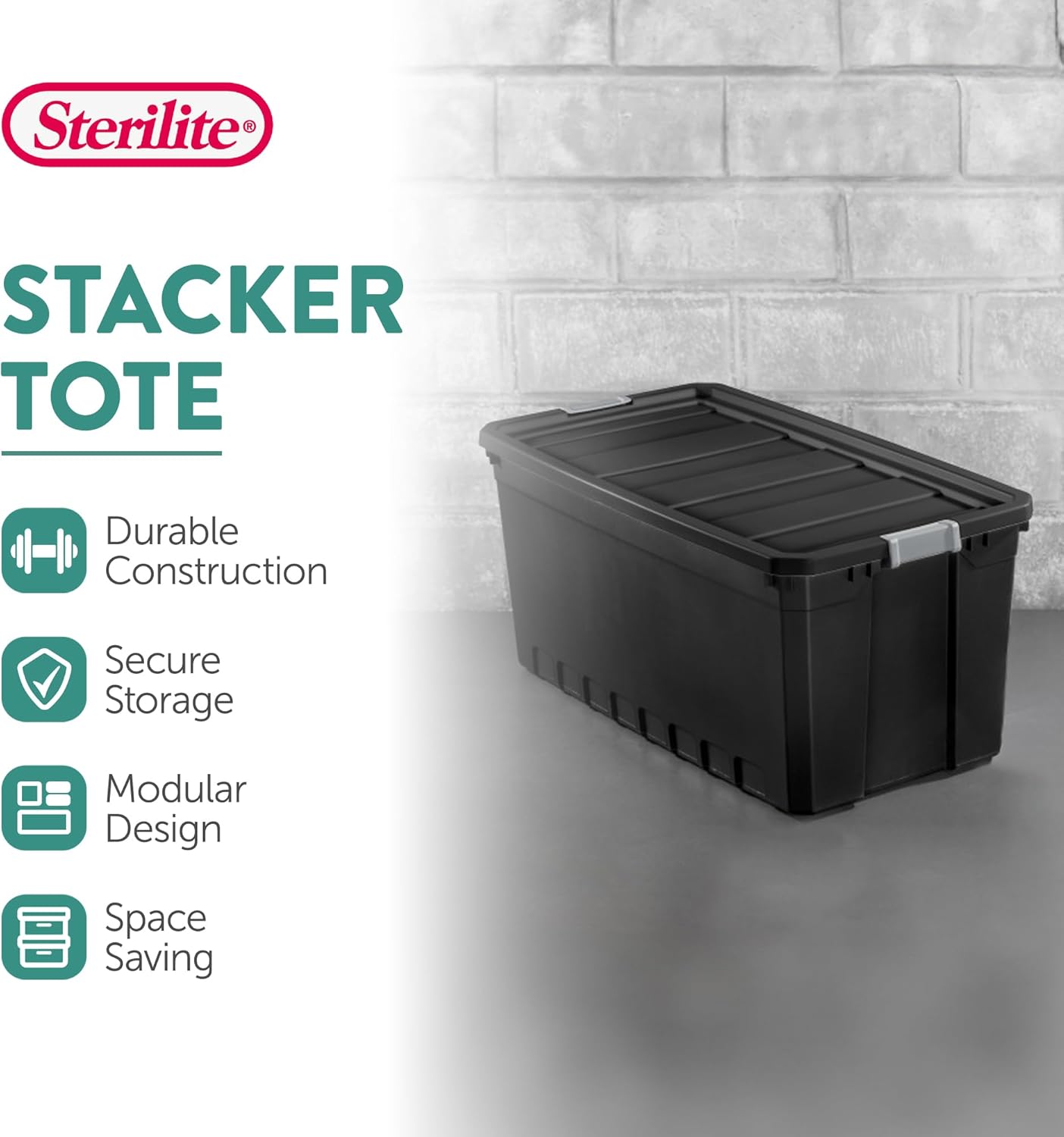 Sterilite 12-Pack Plastic Storage Bins with Lids, Stackable Containers, 50 Gallon, Black