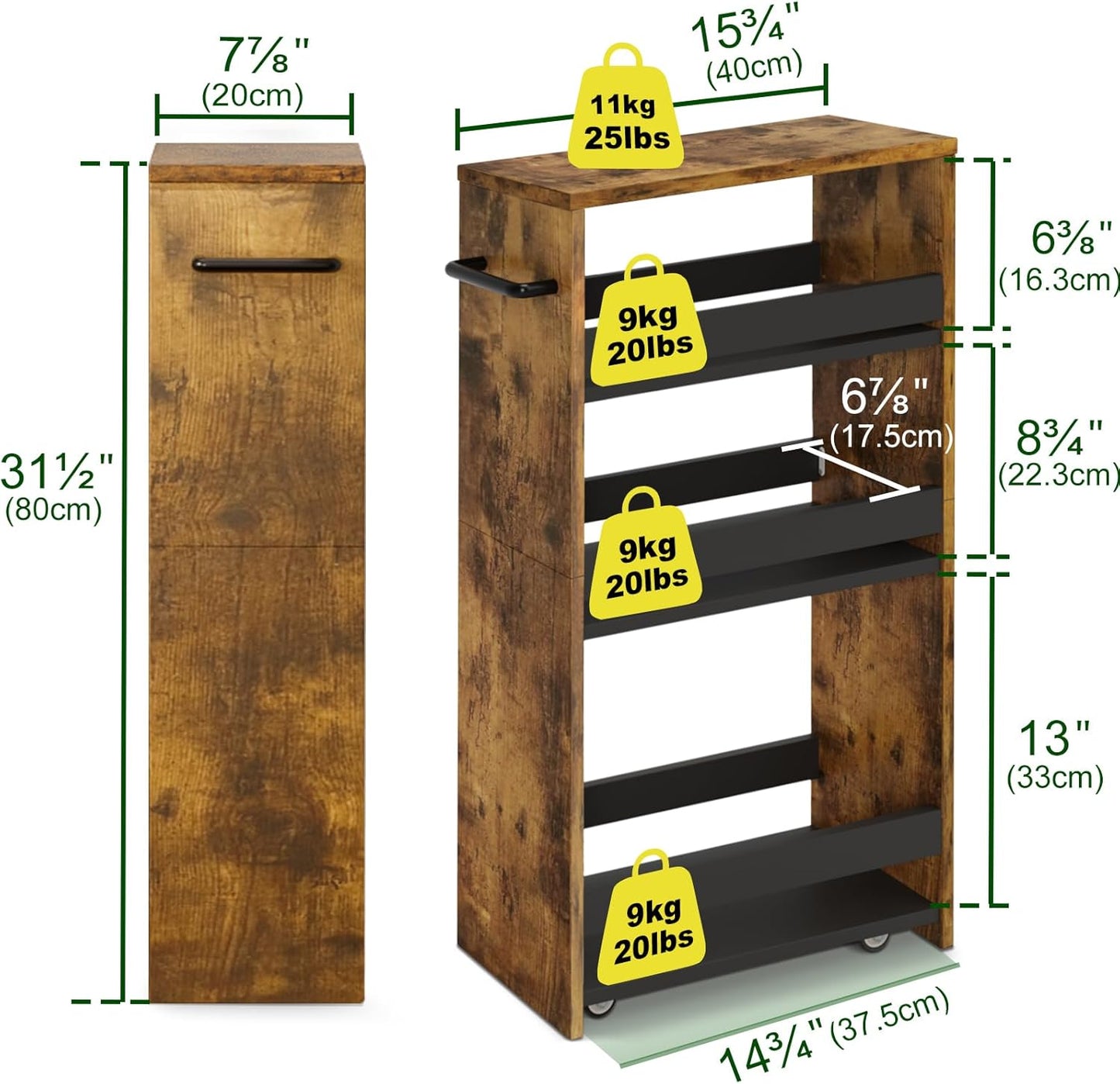 TEAMIX 4 Tier Slim Storage Cart with Handle, Slide Out Storage Rolling Utility Cart Mobile Shelving Unit Organizer Trolley for Small Spaces Kitchen Laundry Narrow Places (Brown+Black, 7-7/8'' W)