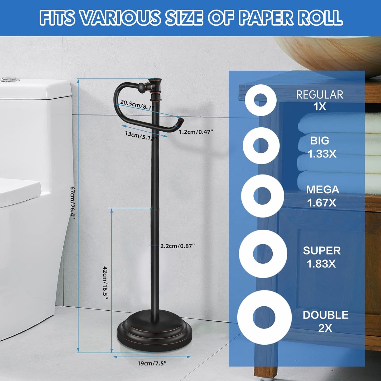 RUMOSE Toilet Paper Holder Stand for Floor, Oil Rubbed Bronze Adjustable (12.4" to 22.8") Bathroom Toilet Tissue Holder, Free Standing Toilet Paper Roll Holder with Storage, Stainless Steel