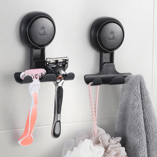 LEVERLOC Razor Holder for Shower 2 Pack, Powerful Vacuum Suction Cup Hook for Towel, Loofah, Razor, Squeegee, Damage-Free Wall Shower Hook, Shaver Holder for Bathroom, Easy to Install and Reuse, Black