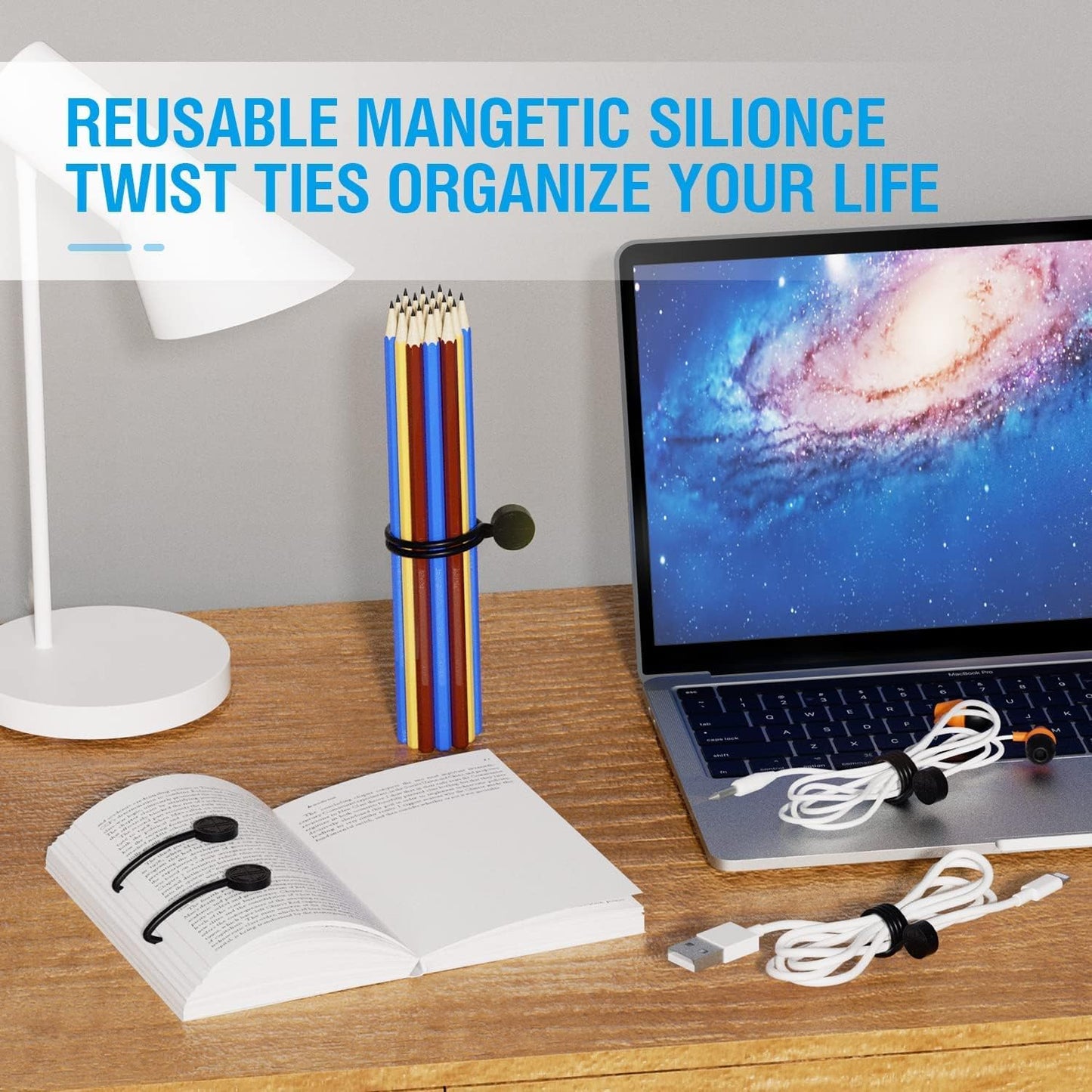 Magnetic Twist Ties, Reusable Silicone Cable Ties with Strong Magnet for Bundling and Organizing,Cord Wrap Clip Straps for Home or Office (Black-8 Packs)