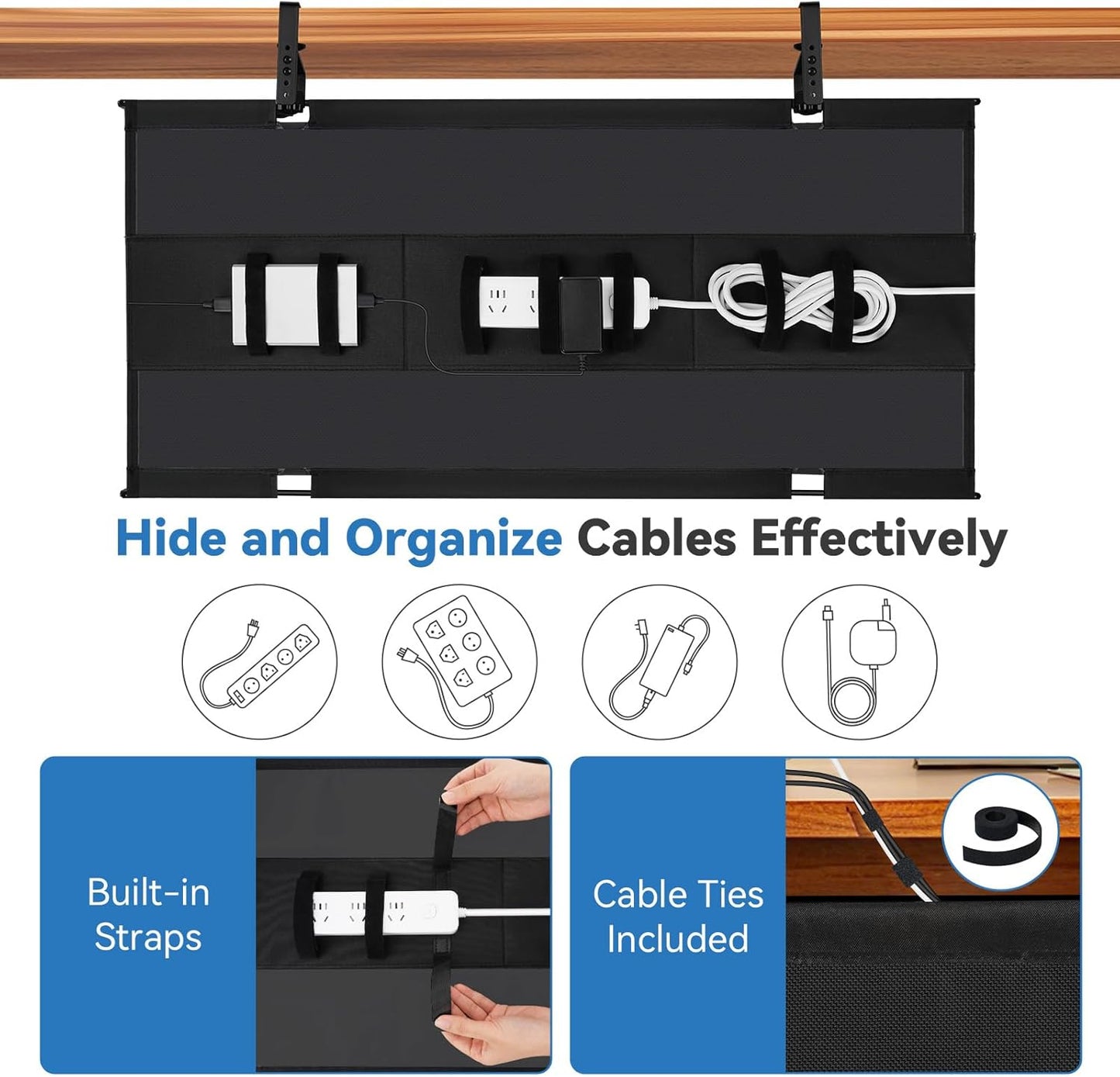 SHUWEI No Drill Under Desk Cable Management Tray, 36" Premium Fabric Cord Organizer for Desk, Clamp/Screw Mount Cable Organizer for Office and Home (Off White, 36" L)