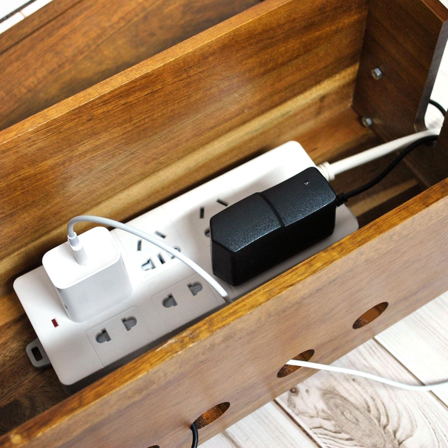 Large Cable Management Box, Wood Cord Hider Box & Organizer for Power Strip Hider Cable Storage for Office, TV Wires, Desk Cord Organizer, 14.1" x 6" x 6.3", Vintage Walnut