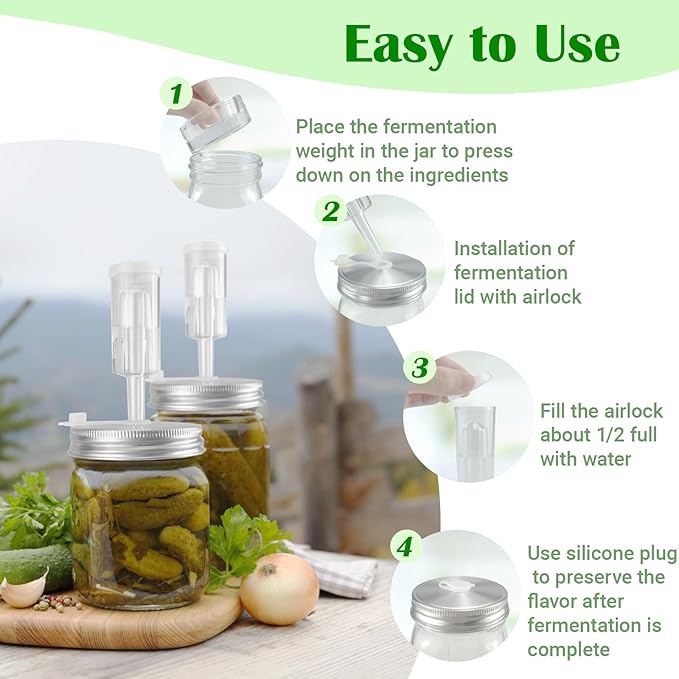 4 Pack Fermentation Kit, Stainless Steel Fermentation Lids and Glass Weights for 86MM Wide Mouth Mason Jars (No Jars)