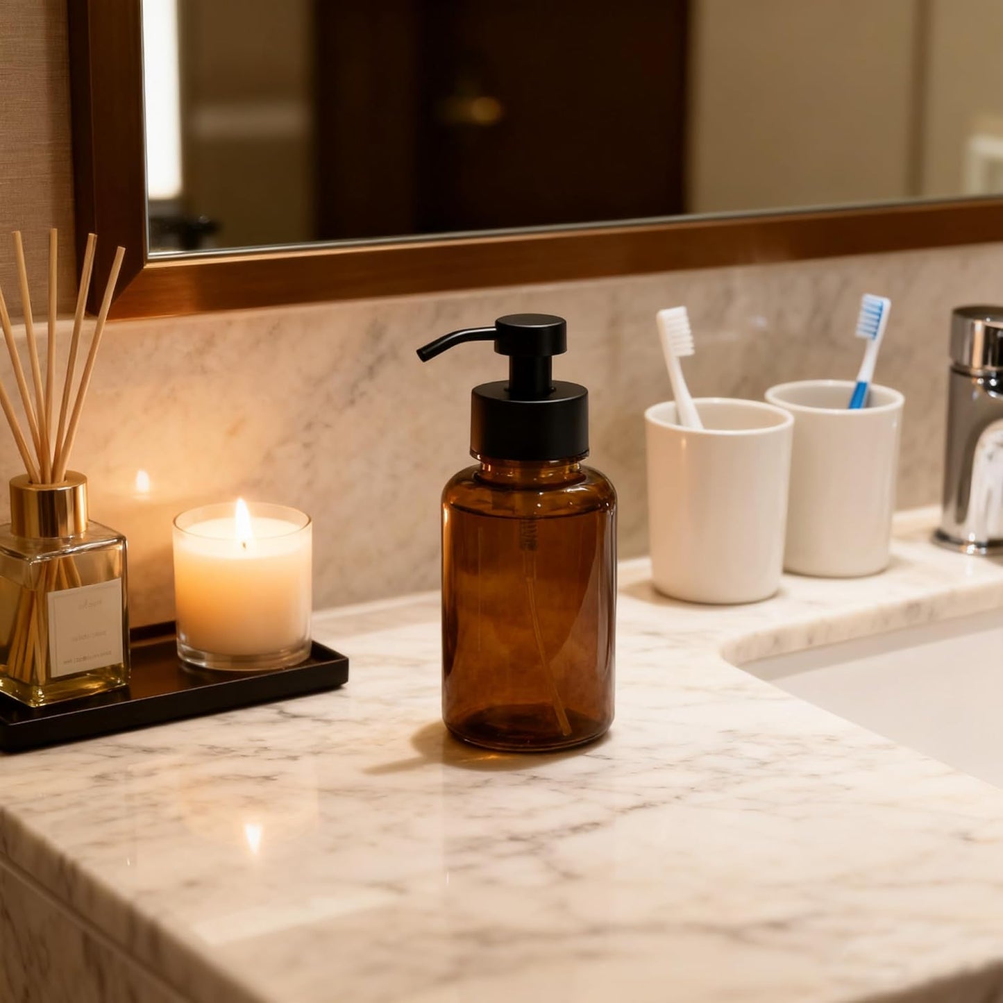 15 oz Amber Glass Foam soap Dispenser with Black Rust-Proof Foam Pump, refillable Thick Glass Foam soap Dispenser for Kitchen and Bathroom (1, 15 oz)