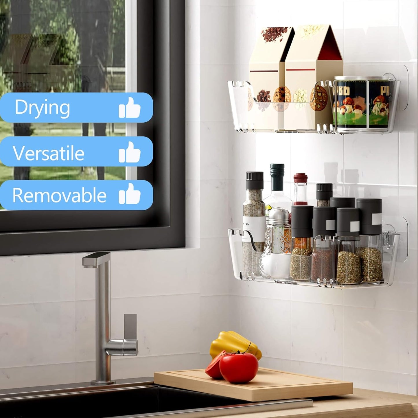 TZAMLI Acrylic Shower Caddy, Wall Mounted Adhesive Shelves with Lip, No Drilling Shower Organizer Clear Shelf for Bathroom Toilet Kitchen Storage, Large Long