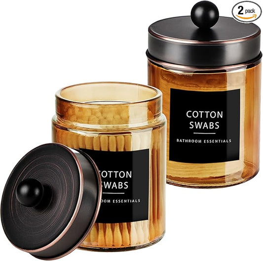 Amolliar Amber Bronze Glass Apothecary Jar With Metal Lid & Labels, Bathroom Qtip Holder Dispenser Storage Canister, Perfect for Cotton Balls, Cotton Swabs, Makeup Pads, Bath Salt, Floss, 2 Pack (ORB)