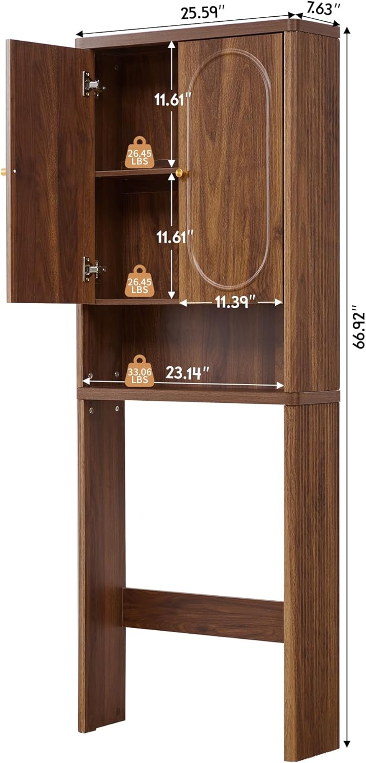 Fluted Over The Toilet Storage Cabinet, Bathroom Toilet Storage Cabinet with Door, Wood Curved Over The Toilet Space Saver Cabinets for Restroom Bathroom, Walnut