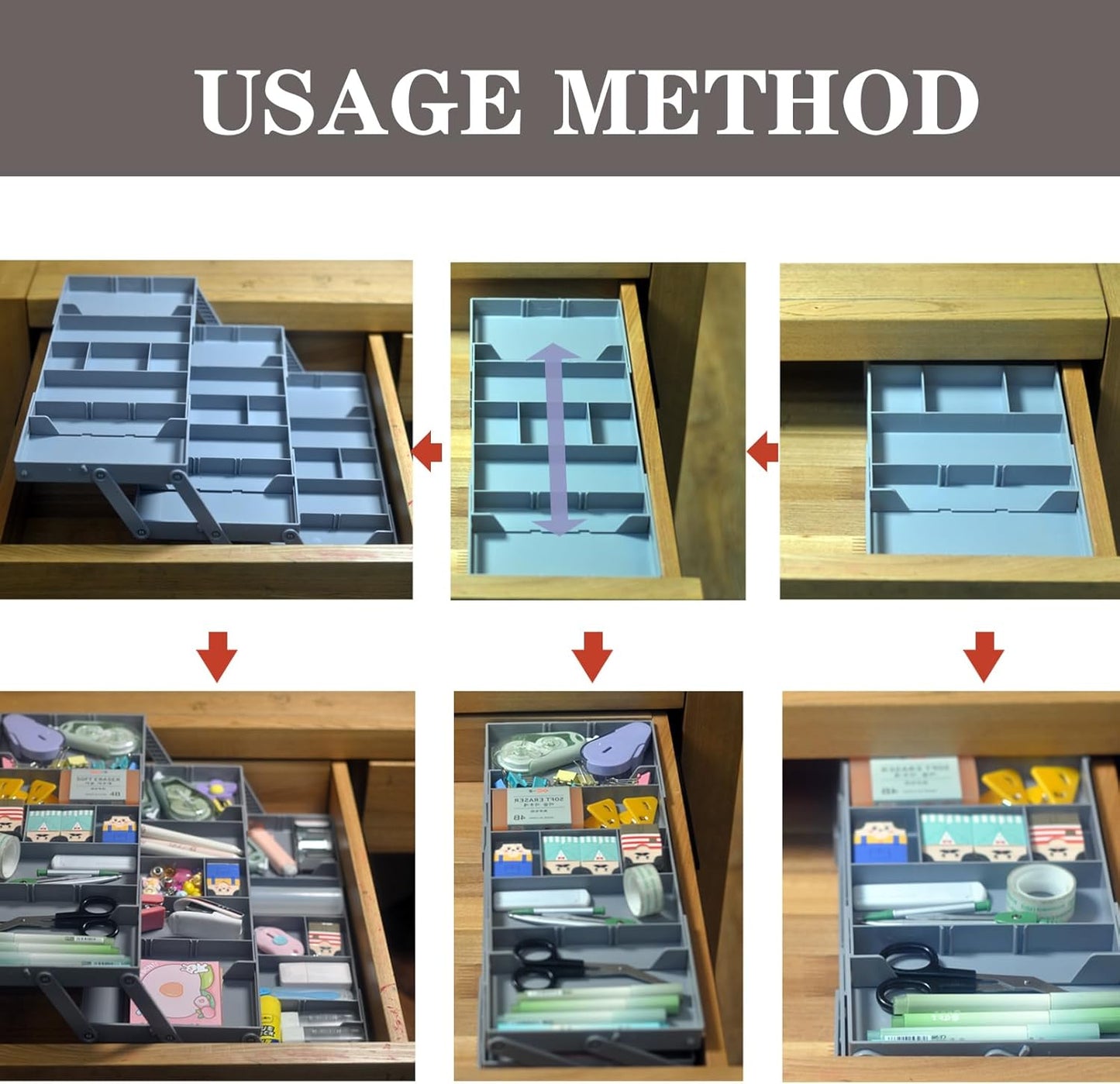 3 Tier Foldable Expandable Smart Drawer Organizer ， Multi Level Collapsible Shallow Junk Drawer Organizer