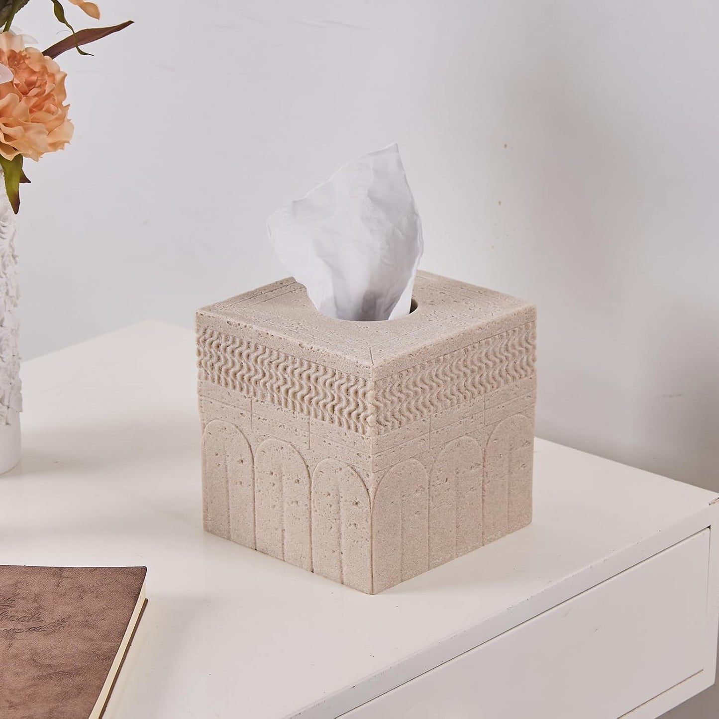 Sandstone Carved Pattern Tissue Box Cover – Modern Resin Cube Holder for Bathroom, Bedroom, Office – Decorative Square Tissue Box for Countertop, Nightstand, Vanity & Desk – Heavy&Sturdy