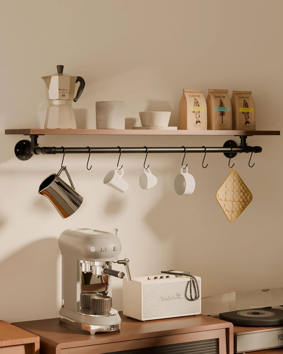 Bathroom Shelves Wall Mounted with Towel Bar, Industrial Pipe Single Tier Floating Shelf, Rustic Wood Shelf 48 Inch for Bathroom Kitchen Living Room Bedroom