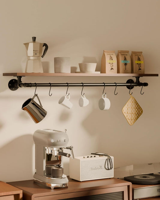 Bathroom Shelves Wall Mounted with Towel Bar, Industrial Pipe Single Tier Floating Shelf, Rustic Wood Shelf 48 Inch for Bathroom Kitchen Living Room Bedroom