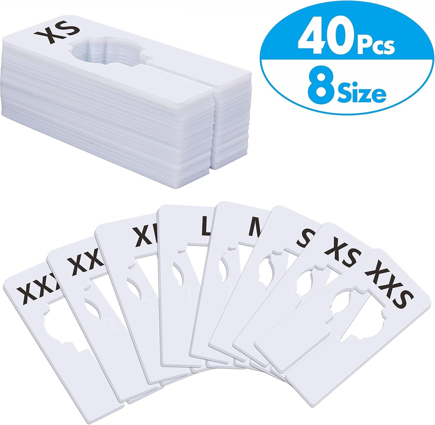 40 Pack Rectangular White Plastic Clothing Size Closet Rack Dividers Hangers, Preprinted in 8 Sizes XXS, XS, S, M, L, XL, XXL, XXXL (2.5”x 5”, Inner Diameter 1.38”)