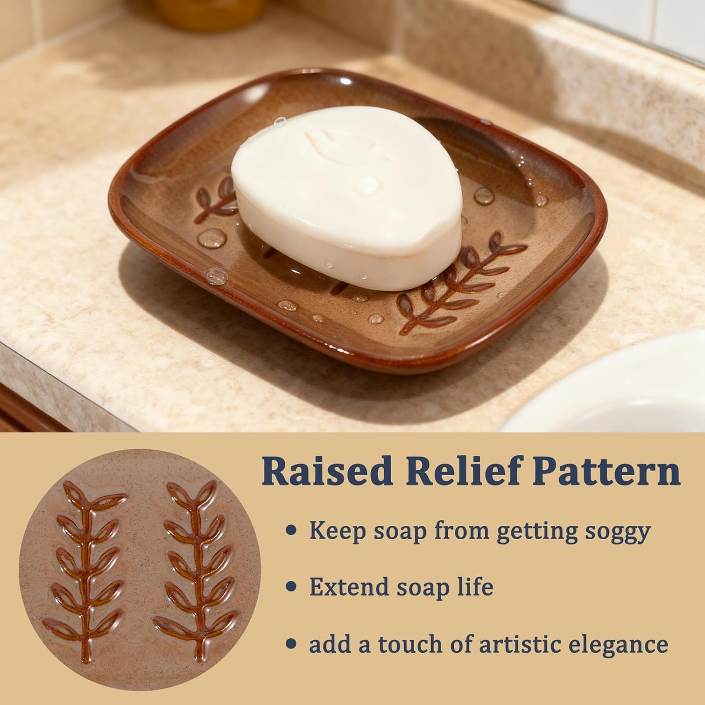 Aesthetic Ceramic Soap Dish for Shower, Soap Holder with Raised Relief, Shower Soap Dish for Shampoo Bar Or Sponge, Soap Saver for Bathroom, Kitchen, Sink, Decorative Soap Tray (Brown)