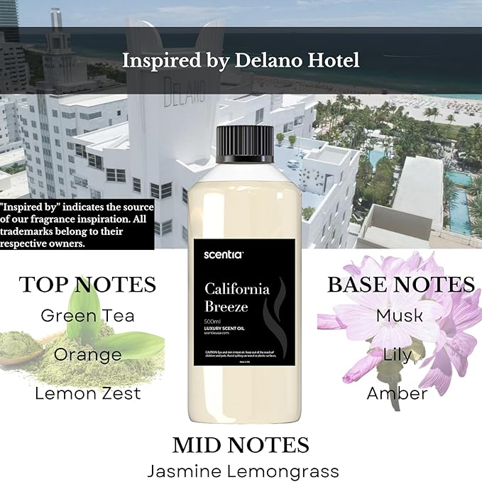 Scentia Hotel Diffuser Oil Inspired by The Delano Beach Club Hotel Scent - 50 mL 1.69 fl oz - Fragrance Oil Blend Orange, Green Tea for Aromatherapy Diffusers - California Breeze, Thanksgiving Gift