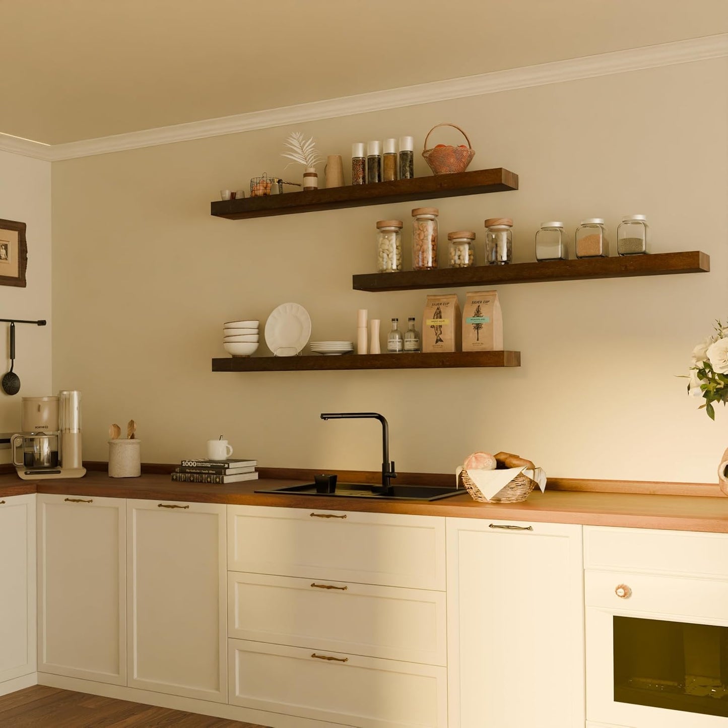 Floating Shelves for Wall, 48 Inch Extra Long Walnut Wall Shelves, Set of 3, Hanging Invisible Brackets Floating Shelves for Living Room,Bedroom,and Kitchen