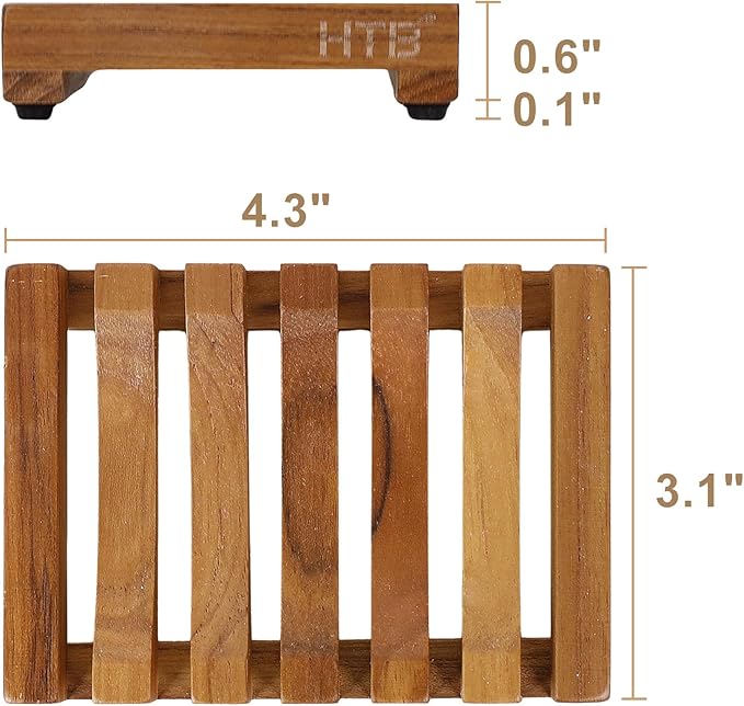 2PCS Slotted Bar Soap Holder Teak Wood by HTB, Kitchen Wooden Sponge Holder, Self Draining Soap Dish for Shower, Sink, Bathroom, Bathtub, RV
