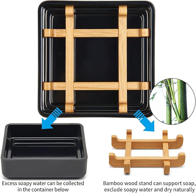 Bamboo Soap Dishes for Bar Soap Holders for Shower with Drainage for Bathroom Sink Bulk Small Wooden Soap Tray (Single Right Angle Black)