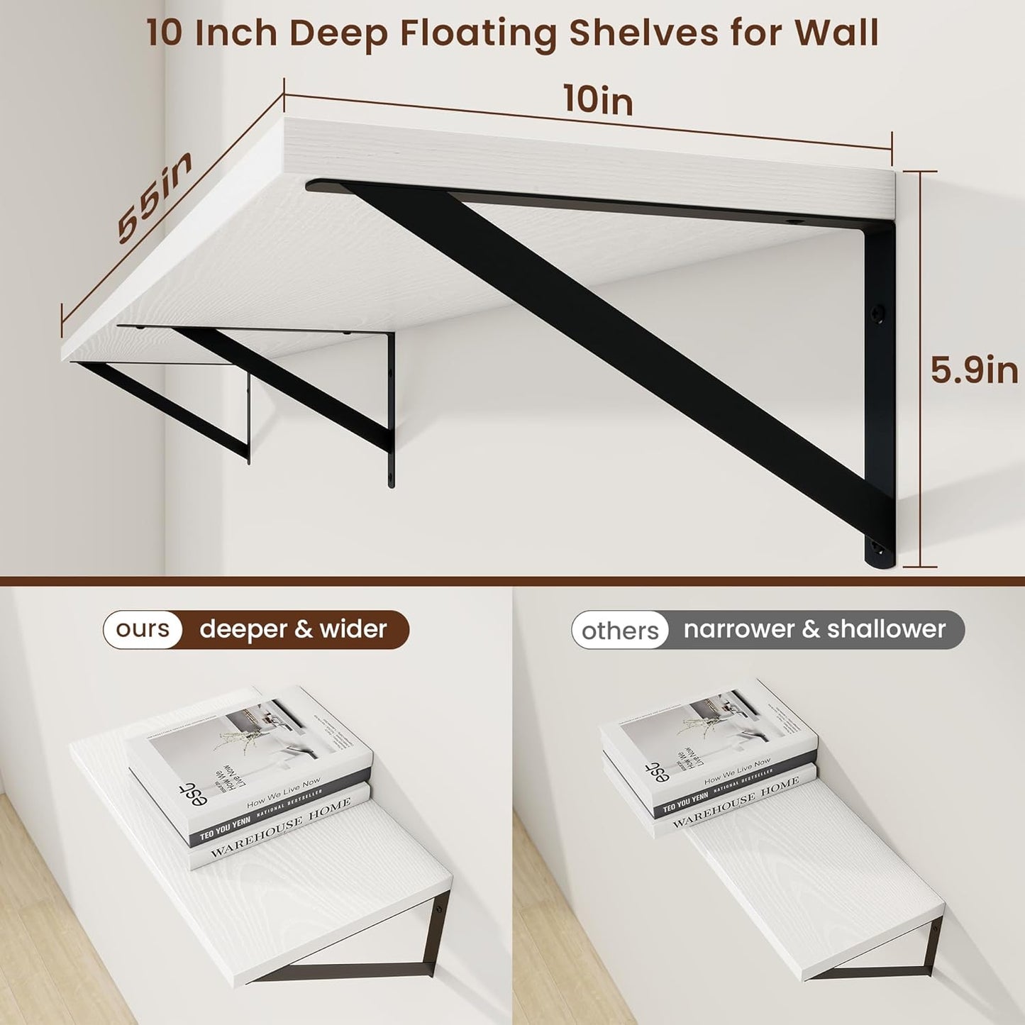 Axeman Deep Floating Shelves for Wall - 55 Inch Wide x 10 Inch Deep White Floating Shelves Set of 2 - Wide Wall Shelves for Living Room Bathroom Bedroom