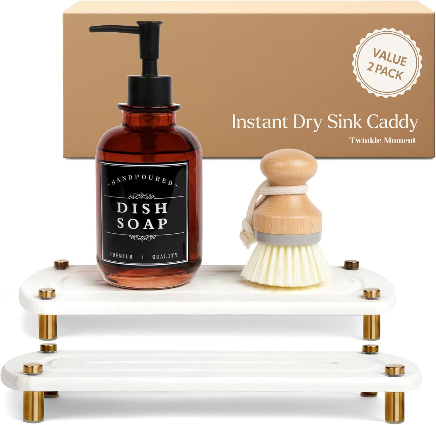 2PCS Water Absorbing Stone Soap Tray for Kitchen Bathroom Sink, Quick Dry Diatomaceous Earth Drying Rack and Shower Caddy, Soap Dispenser and Sponge Holder Organizer for Countertop, TWINKLE MOMENT; Pure White