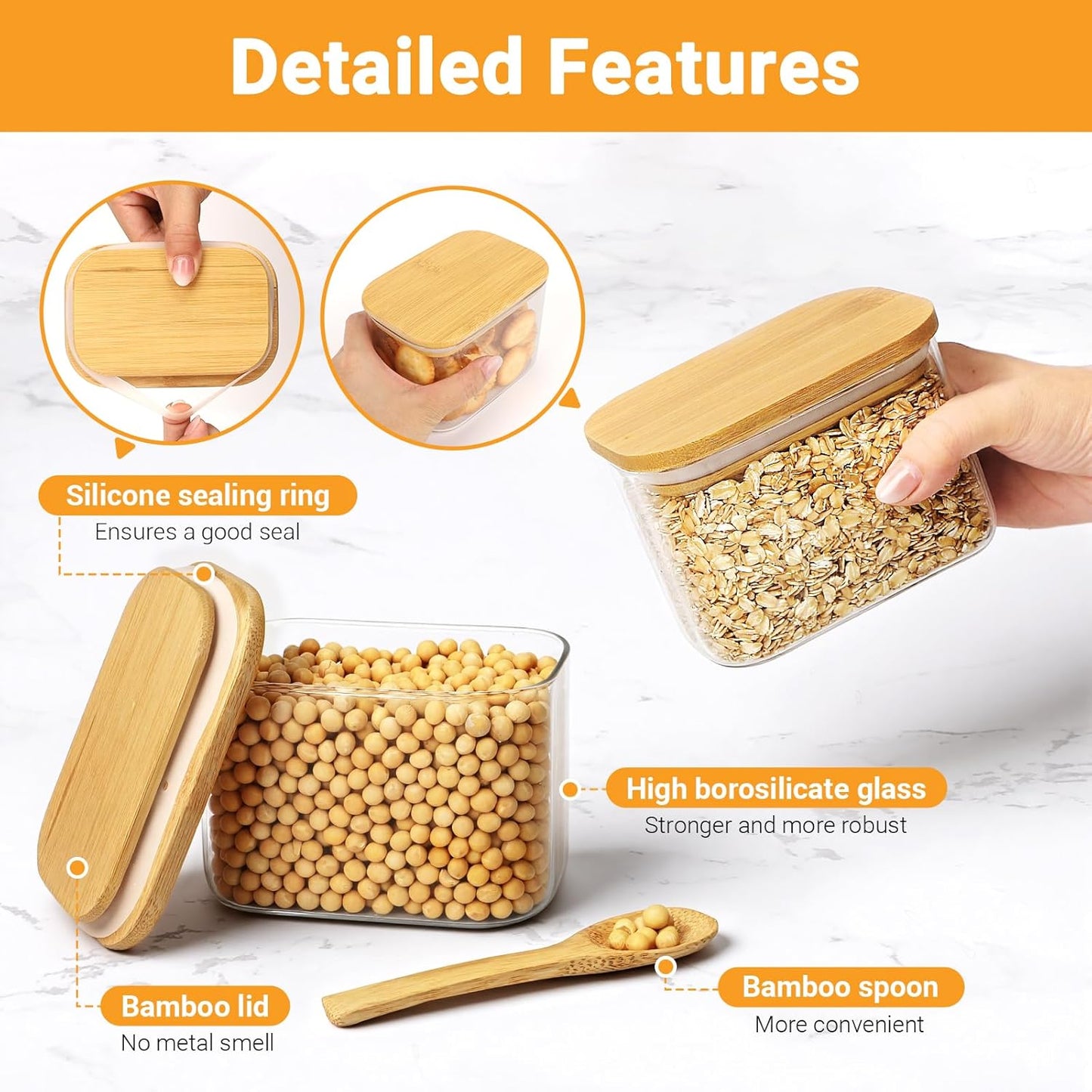 Rectangle Glass Jars with Lids, 2 Pack 17oz Glass Jars with Bamboo Lids, Airtight Pantry Storage Containers for Kitchen Countertop, Tea Container for Cereal, Sugar, Coffee, Cookie, Spice, Nuts