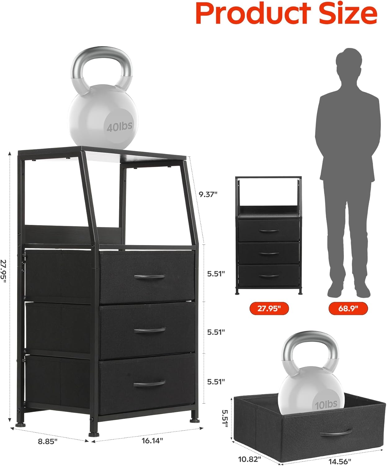 Dresser for Bedroom, Fabric Nightstand Tall Dresser & Chests of Drawers with 3 Drawers, Vertical Organizer Storage Tower Unit for Bedroom, Hallway, Entryway Black