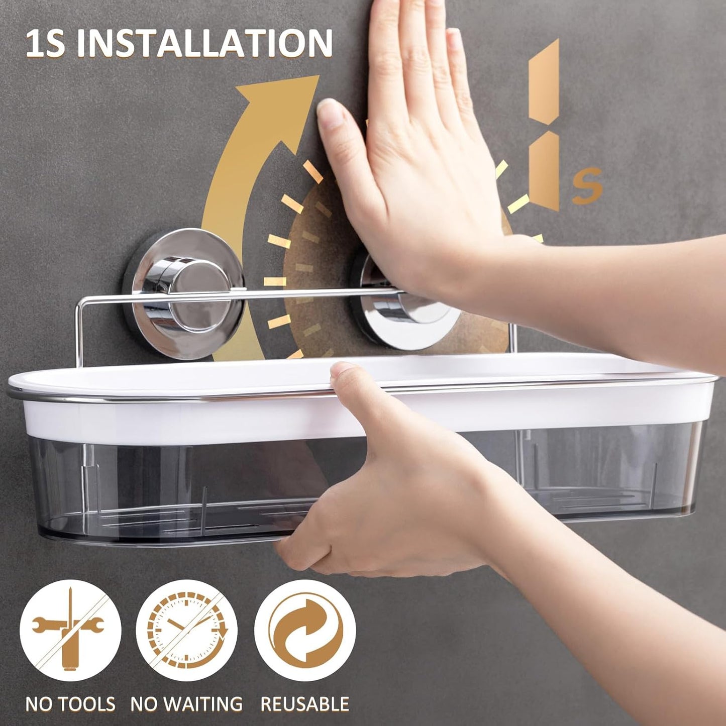 LEVERLOC Shower Caddy Suction Cup, Shower Organizer Removable Bathroom Shelf, Storage Suction Powerful Max Hold 22lbs Bathroom Caddy Waterproof Holder, Chrome & Clear, Large