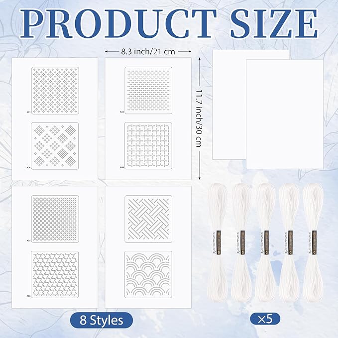 28 Pcs Sashiko Thread Kit Sashiko Needles Denim Fabric Embroidery Patterns Thimble Water Soluble Embroidery Kit for Sewing Hand Quilting Mending Supplies