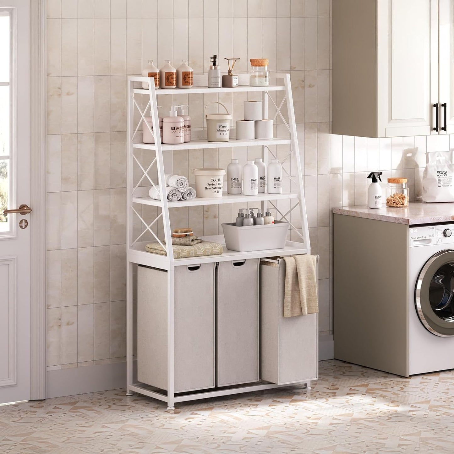 Laundry Basket, 3 Section Laundry Hamper with 4 Tiers Shelf, Pull-Out and Removable Laundry Bags, Large 3 x 15.87 Gallons, for Laundry Room Bathroom White PF05XLW