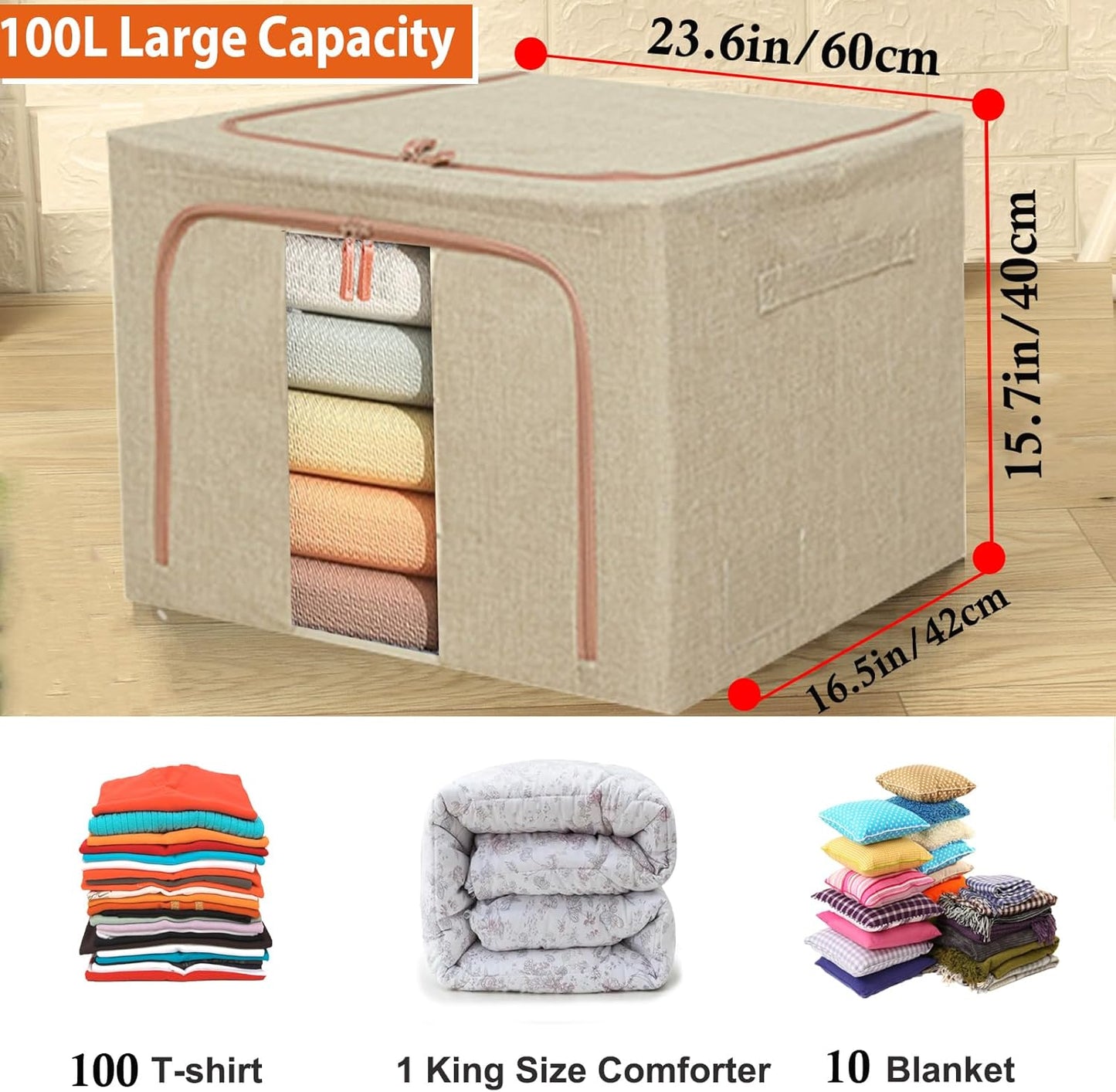 Large Storage Bags,Stackable Clothes Storage Bins with Hold Shape Metal Frame,Foldable Closet Organizer Containers with Zipper,Clear Window,Thick Fabric for Seasonal Clothing (Beige, 100L x 4 Pack)