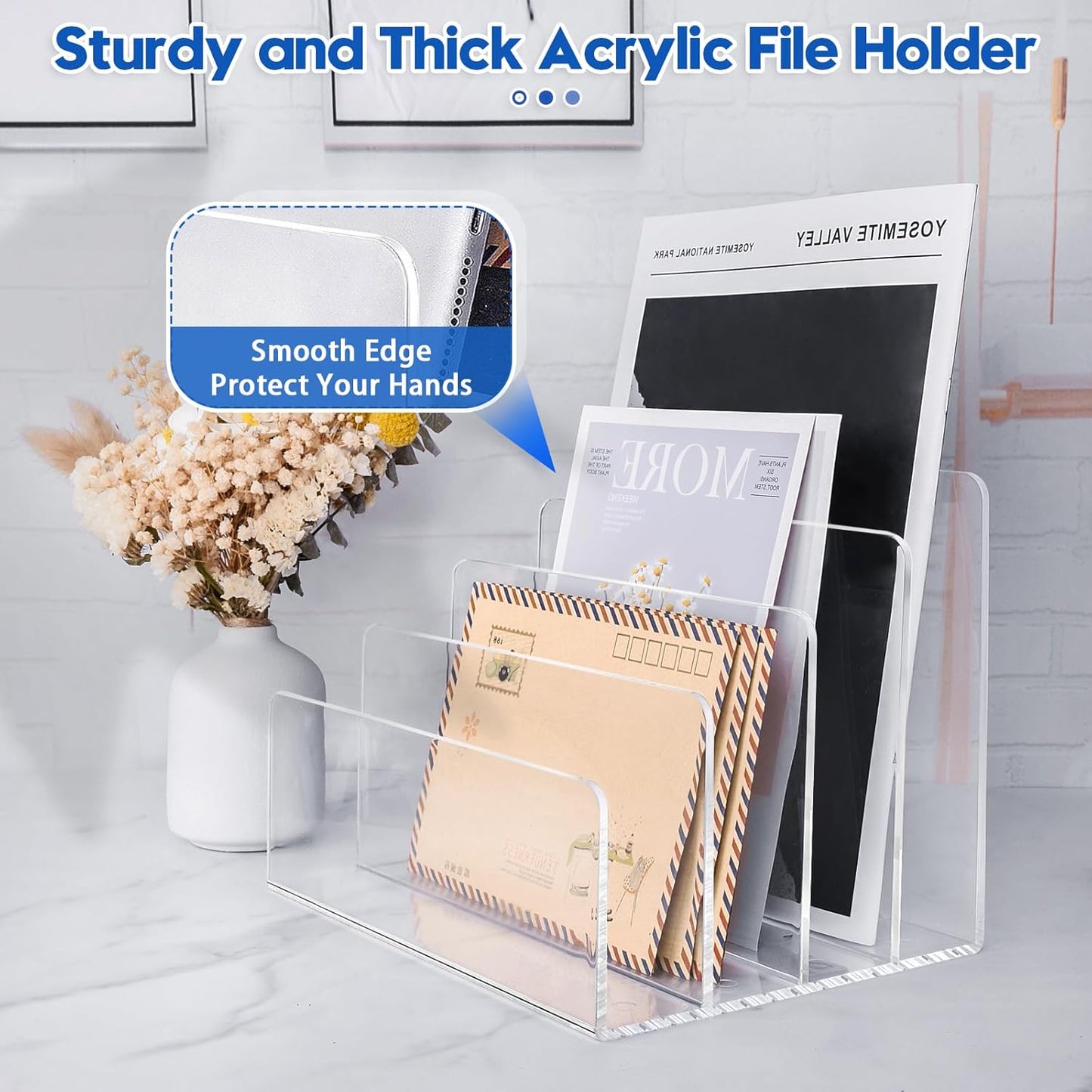 4 Section Acrylic File Organizer, Clear Desk Organizer and Accessories, Sturdy File Folder Holder Sorter, Office Supplies for Mail Letter Paper Electronic Notebook