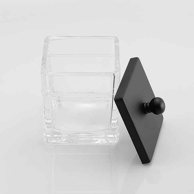 Clear Transparent Hotel Style Apothecary Tempered Glass Canister Jar W/ Matte Black Metal Lid Cover, Classic Countertop Organizer for Cotton balls/pads, Floss Picks, Makeup Storage