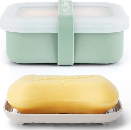 Compact Leakproof Travel Soap Case with Lid & Silicone Strap - Portable Draining Soap Bar Holder for Gym, Bathroom, Camping - Lightweight Silicone Soap Dish Container (Light Green)