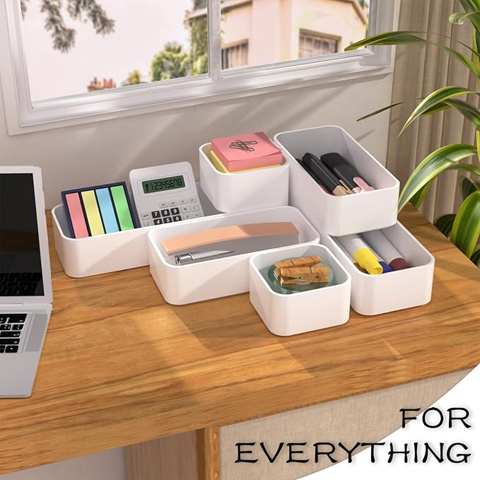 CHANCETSUI 6 PCS Stackable Drawer Organizers Set, Versatile Desk and Vanity Drawer Organizer Trays, Storage Bins for Makeup, Bathroom, Bedroom, Kitchen and Office, White