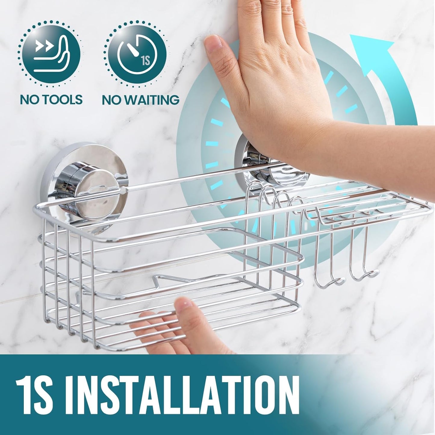 TAILI Shower Caddy Suction Cup, 3 Pack Shelves for Inside with Hooks & Soap holder Toothbrush Cups, Removable Bathroom Organizer, Rustproof Silver Holder Storage-Silver