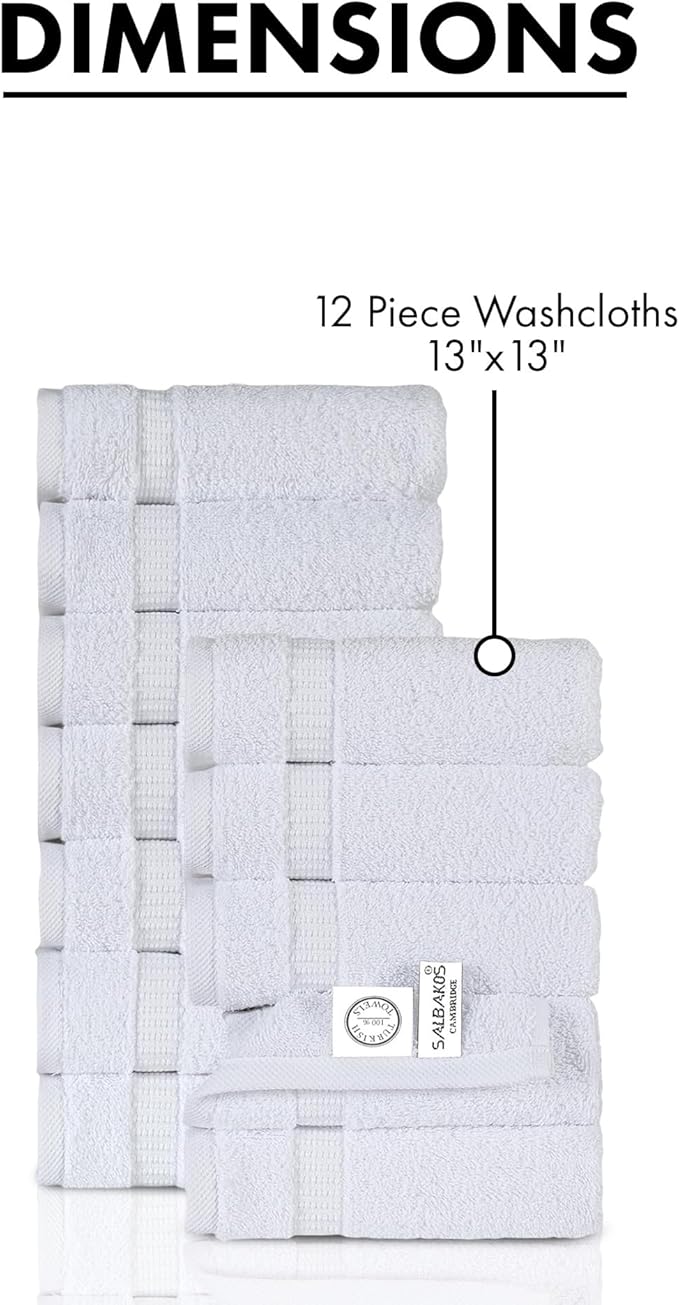 SALBAKOS 100% Turkish Cotton Washcloth Set of 12 13x13 inch | Heirloom Quality | Hotel & Spa Collection | Ultra Soft, Super Absorbent, Washcloth Towels | Made in Turkey (White, 12 Washcloths)