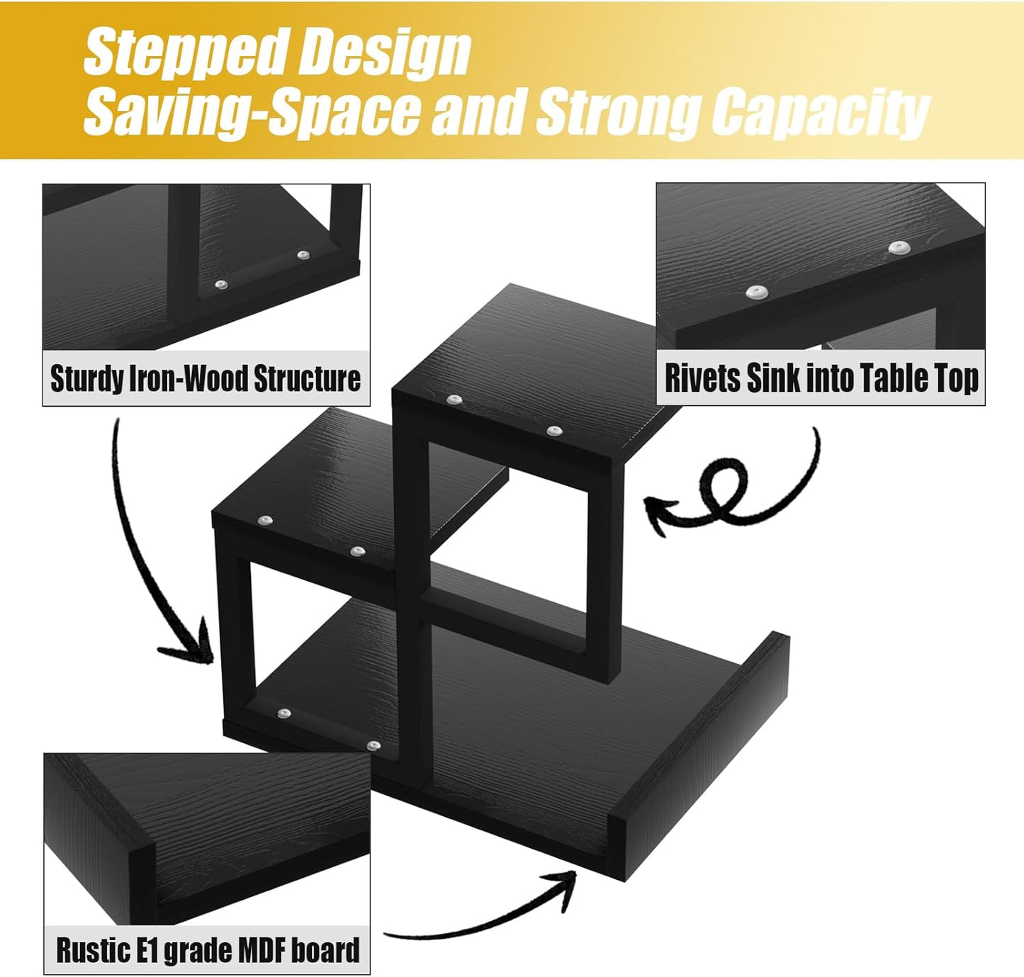 Gannyfer Desk Shelf Organizer - Wood Desktop Shelf, Freestanding Desk Hutch Office Decor, 3 Tier Storage Display Rack, Small Bookshelf with Metal Frame for Books/Plants/Toys (Black)