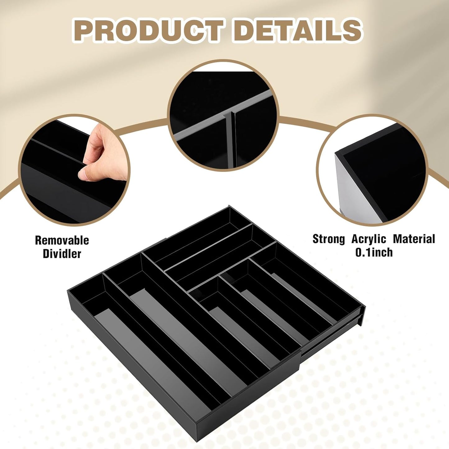 1 Pcs Acrylic Drawer Organizer Maximum 15 x 18 x 2 Inch Expandable Drawer Organizer Pens Notebook Ruler Makeup Tray with 7 Adjustable Compartments for Desk Office Kitchen Bathroom (Black)