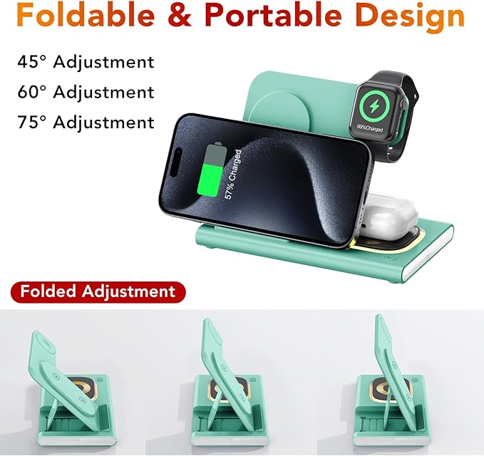 3 in 1 Charging Station for iPhone 17 - Wireless Charger for Apple Products for iPhone 17 16 15 14 13 12 11 Pro Max - Foldable Wireless Charging Station Dock Stand for iWatch Series & AirPods(Green)