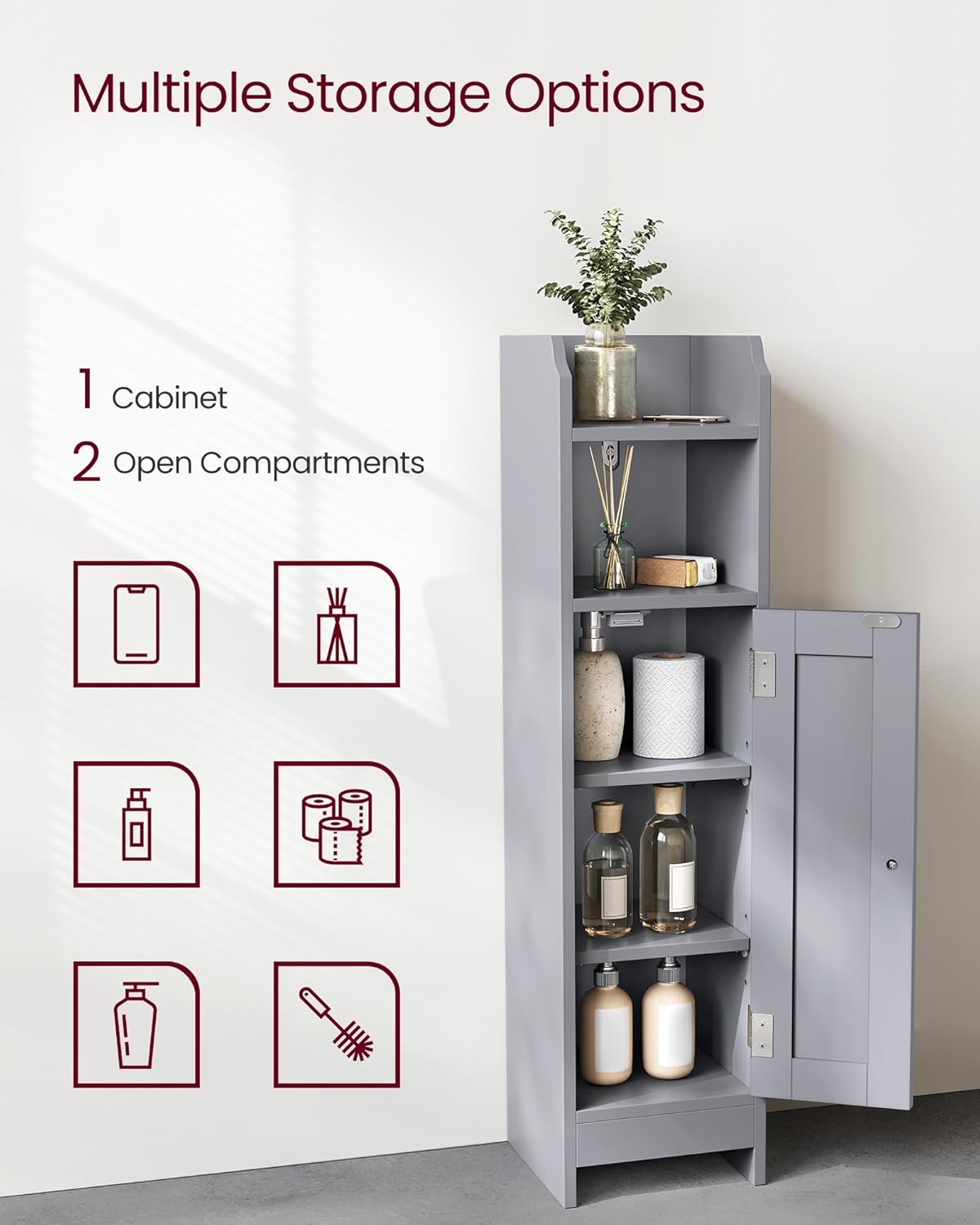 VASAGLE Small Storage Corner Floor Cabinet with Door, 7.9 x 7.1 x 31.5 Inches, Narrow Toilet Paper Storage Holder, Adjustable Shelves, for Bathroom, Living Room, Small Spaces, Dove Gray UBBC310P36