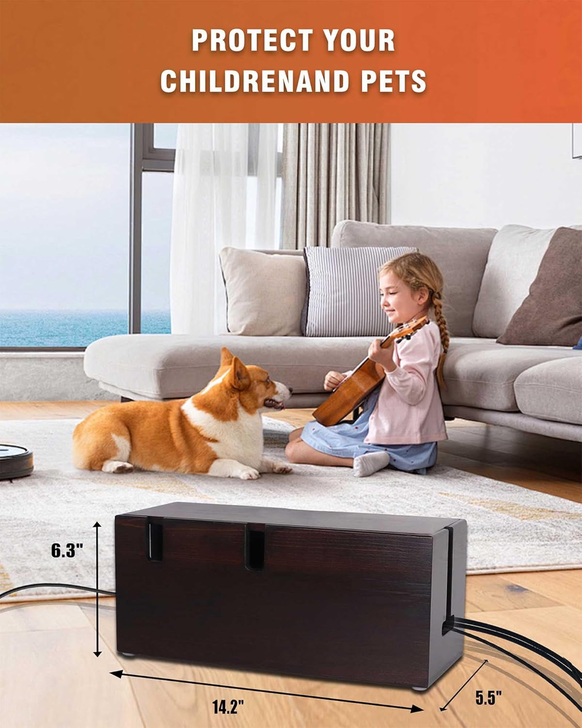 Natural Wood Cable Box. Cherry Color Large Cable Management Box, Cable Organizer Box, Perfect for Home, Office, or Desktop use. - Child and pet Safe Cable Box