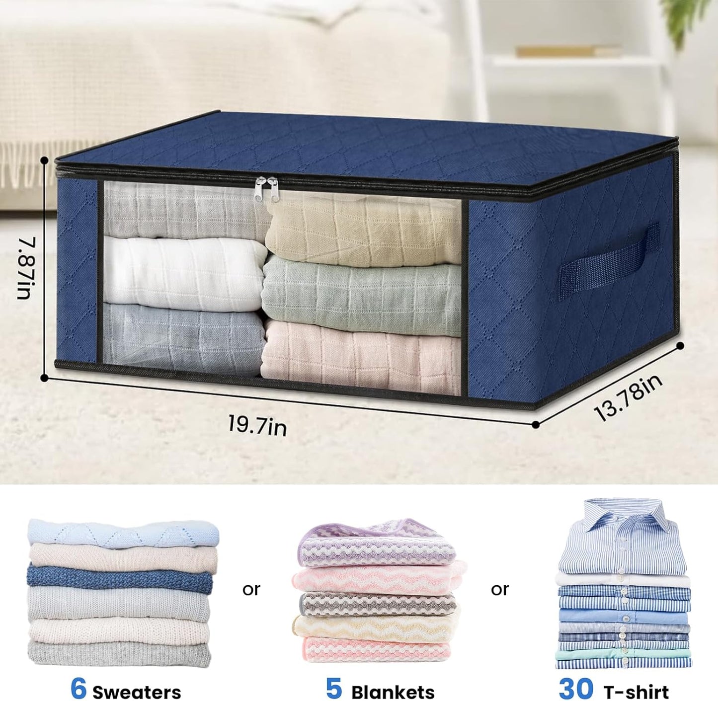 HomeHacks Storage 6-Pack Clothes Organizer Storage Bags Foldable Storage Box with Large Clear Window Sturdy Handles for Closet, Dorm, Pillows, Bedding, Clothes, Blankets, 35L, Blue
