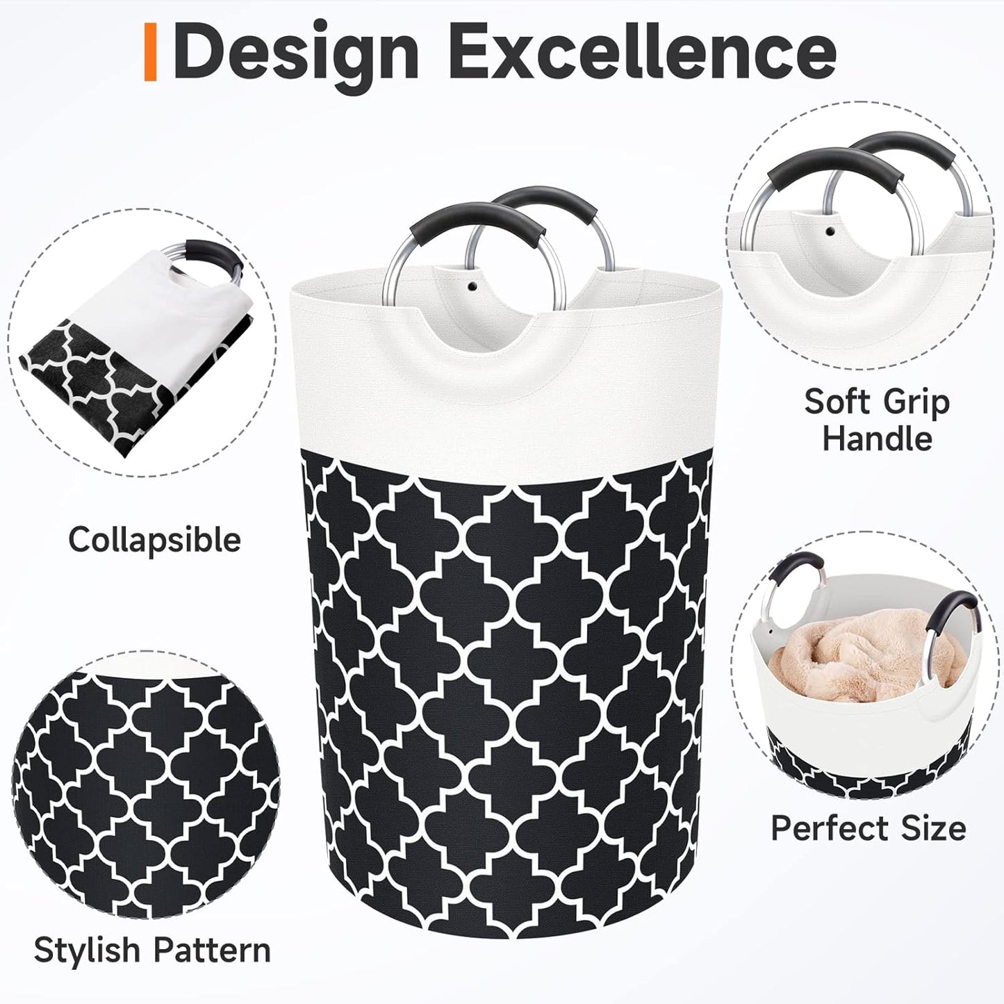 Large Laundry Basket Laundry Hamper Bag Washing Bin Clothes Bag Collapsible Tall with Handles Waterproof Travel Bathroom College Essentials Storage for College Dorm, Family (Black) 75L