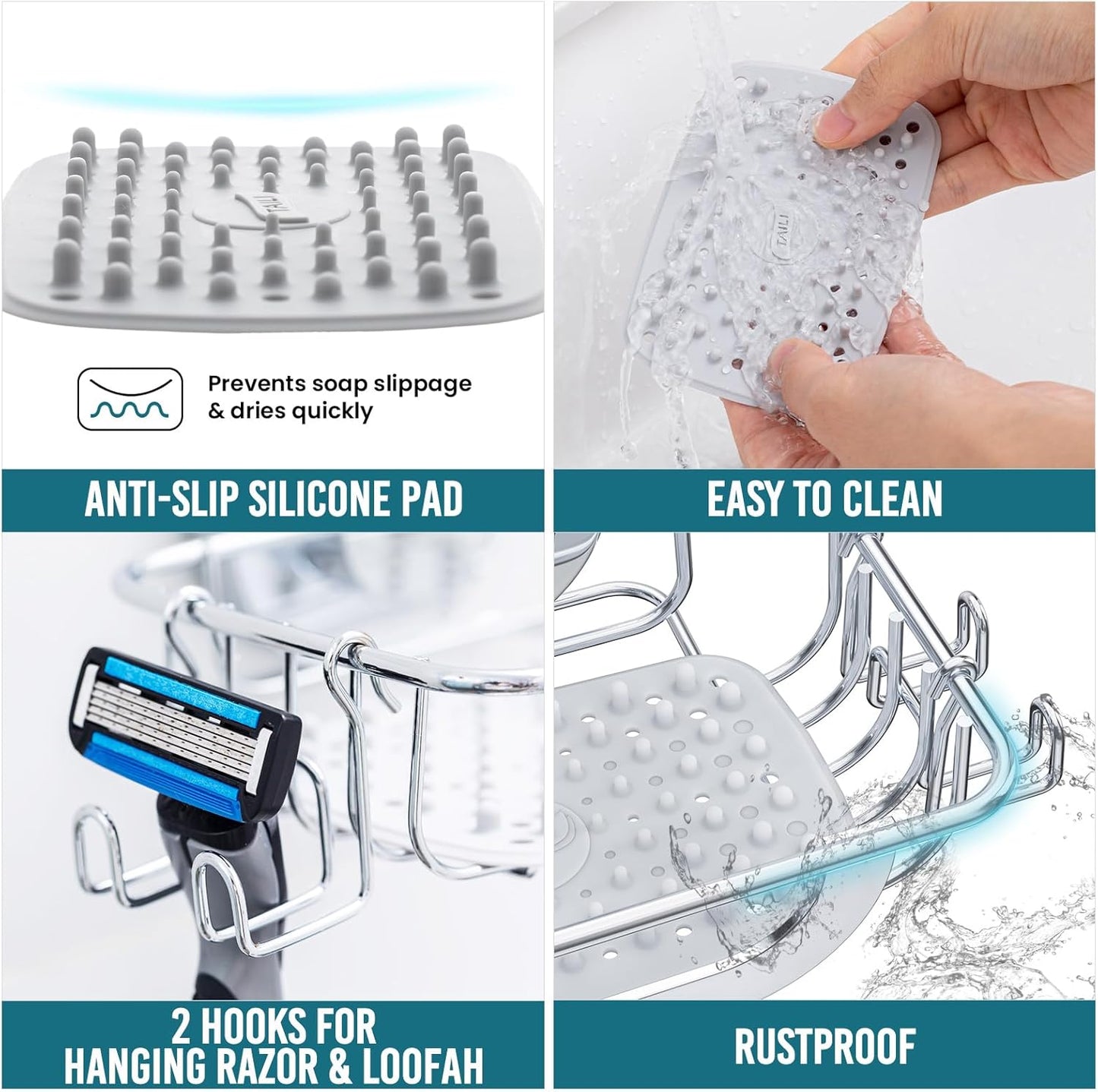 TAILI Bar Soap Holder Suction Cup with Hooks and Silicone Soap Saver Pad for Bath Shower Wall, Shampoo Caddy for Bathroom, Tub, Kitchen, Rustproof Stainless Steel Sponge Holder, Silver