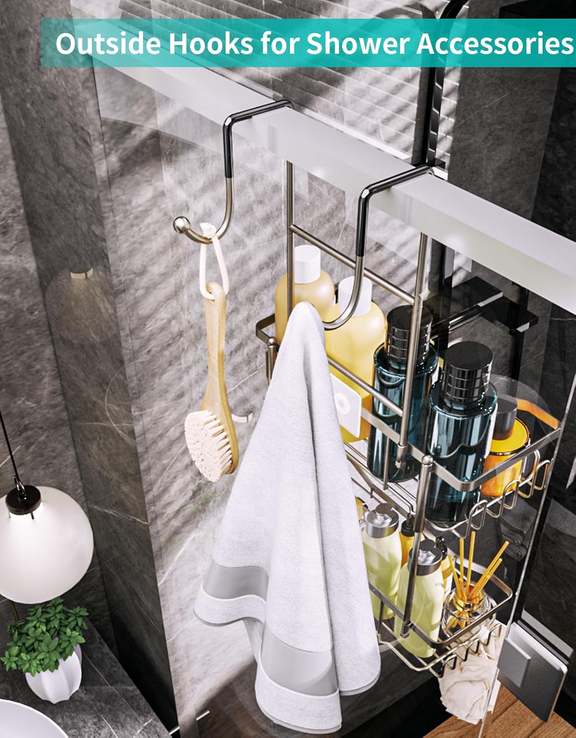 HapiRm Hanging Shower Caddy Over the Door with Soap Holder, No Drilling Adhesive Shower Organizer with 11 Hooks, Rustproof & Waterproof 304 Stainless Steel Bathroom Shelves - Brushed Nickel