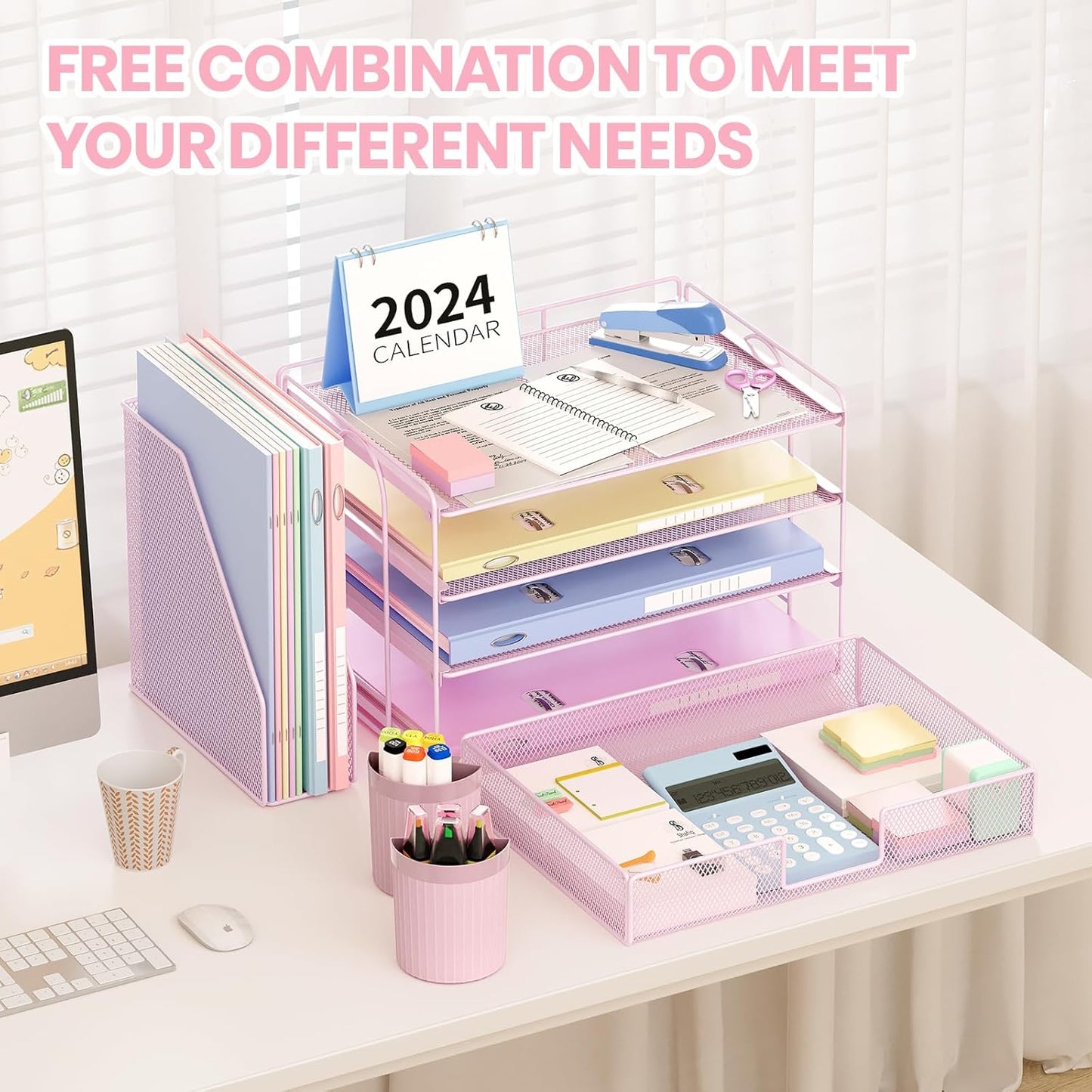 Desk Organizer and Accessories, 4-Tier Desktop File Organizer with Drawer and 2 Pen Holders, Office Desk Accessories, File Sorters, Workspace Organizers for Office Supplies(Pink)