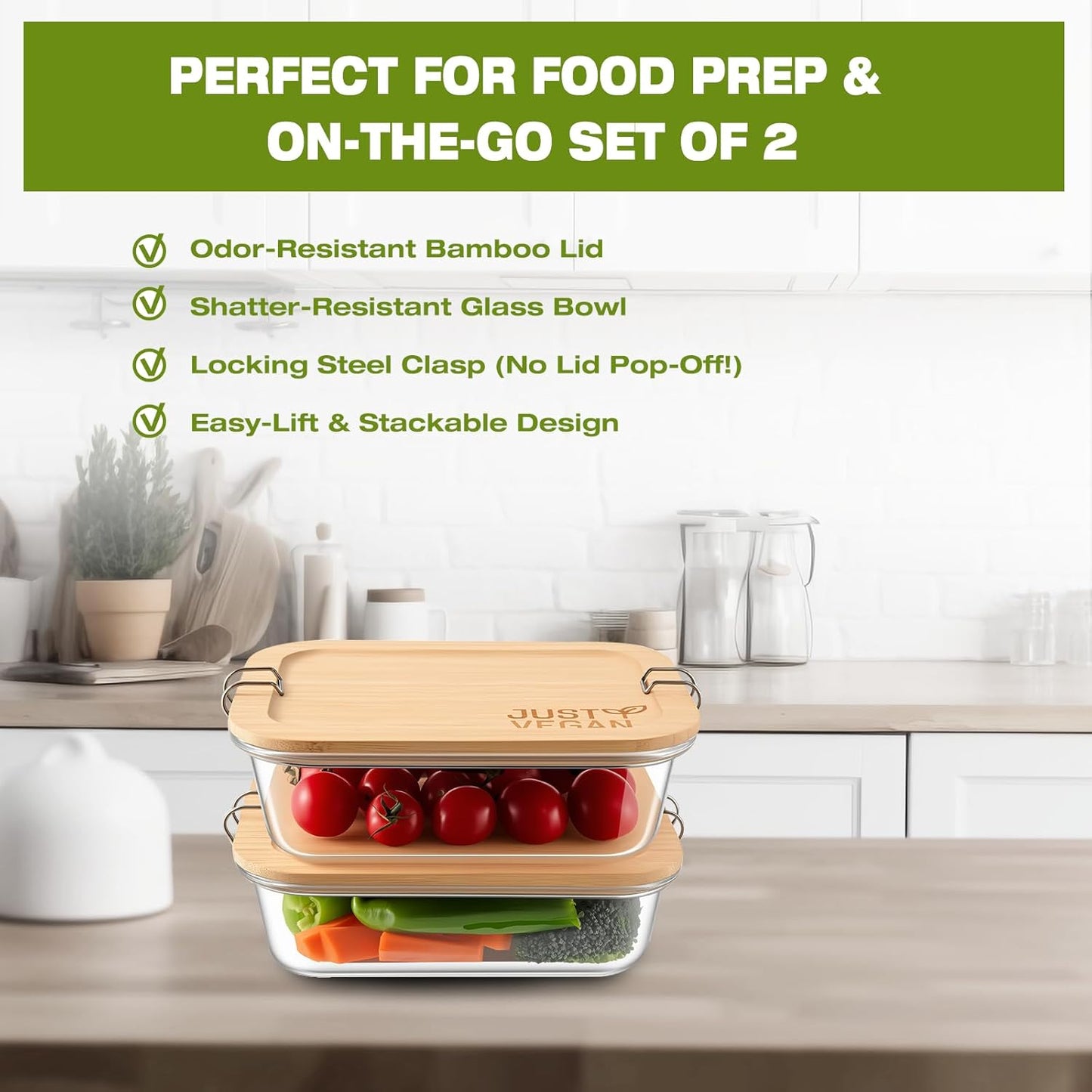 Airtight Glass Food Storage Containers with Bamboo Lids, Set of 2 Secure-Seal Containers for Meal Prep, 100% Leakproof, Plastic Free, Oven & Microwave Safe (2 Pack)
