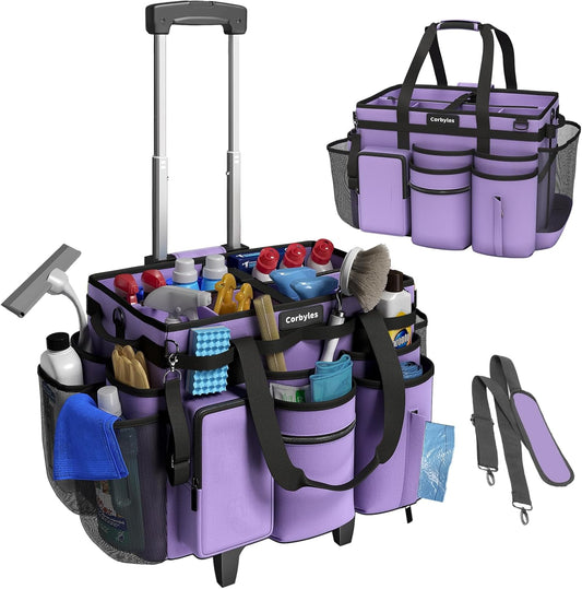 Rolling Cleaning Caddy Bag with Detachable Trolley, Cleaning Supplies Organizer Cart on Wheels, Cleaning Supply Caddy for Housekeepers, Large Professional Detailing Bag Tote for Home, Car (Purple)